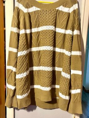 Women’s Olive Stripe Cable Knit Turtleneck Sweater